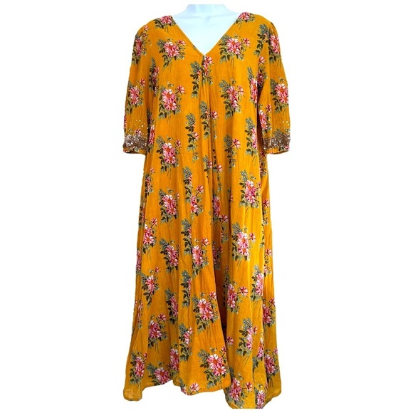 PINK CHICKEN Emmerson Midi Dress Franken Floral Inca Gold Sequin Trim Boho Sz S - Picture 1 of 14